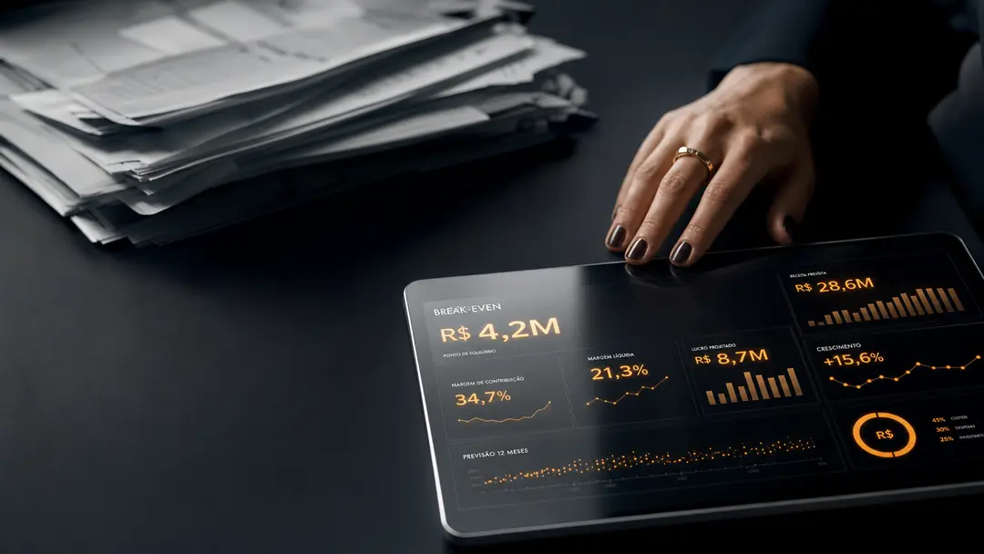 Dashboards digitais de BI Contábil revelando indicadores financeiros e margens de lucro estratégicas em escritório moderno.