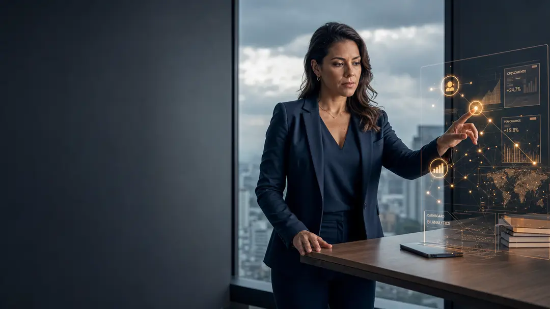 Consultora financeira analisando gráficos em painel holográfico, aplicando business intelligence contábil para gestão.