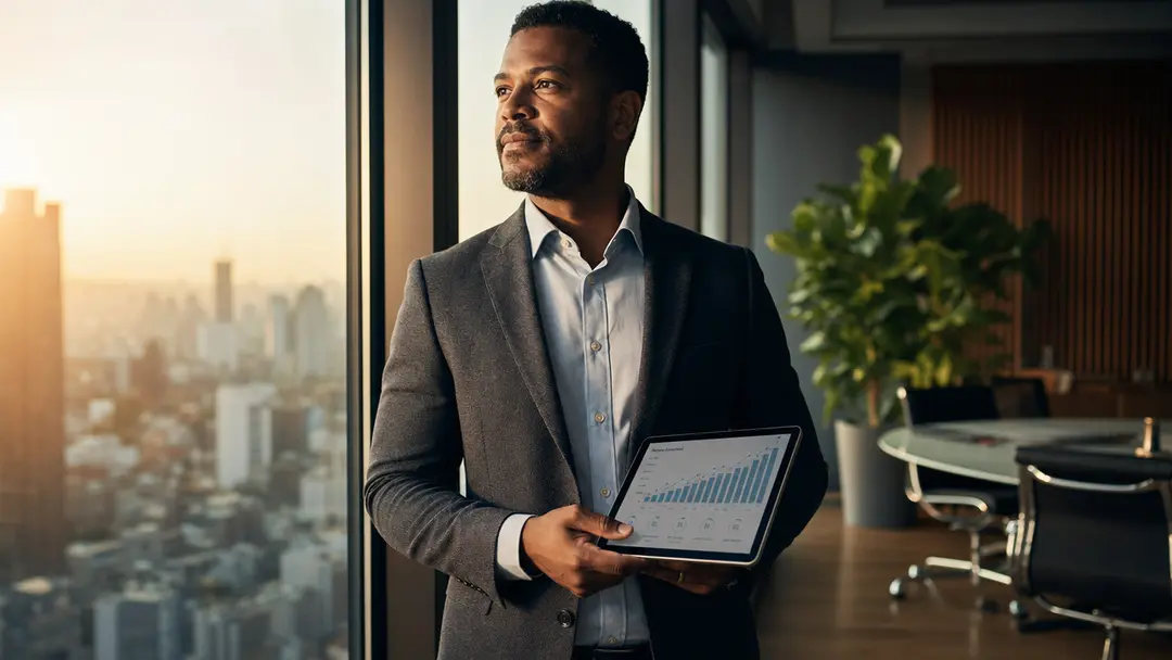 Contador analisando gráfico de crescimento em tablet simbolizando BPO financeiro estratégico e escala no escritório contábil.