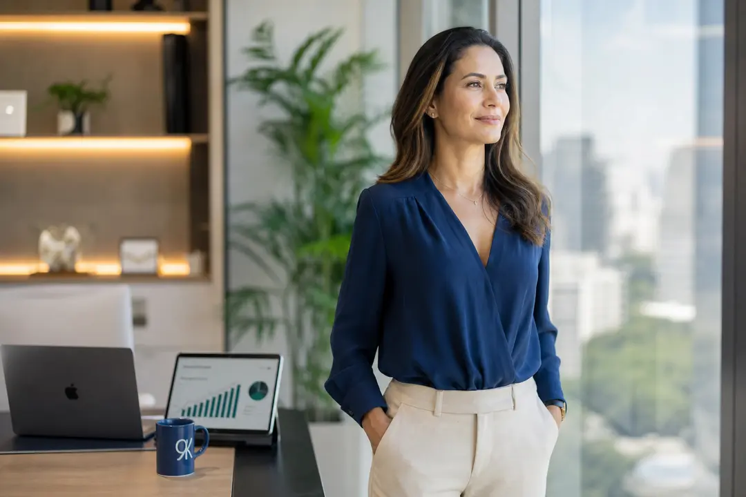 Contadora estrategista em escritório moderno visualizando gráficos de BPO financeiro para escala e gestão contábil eficiente