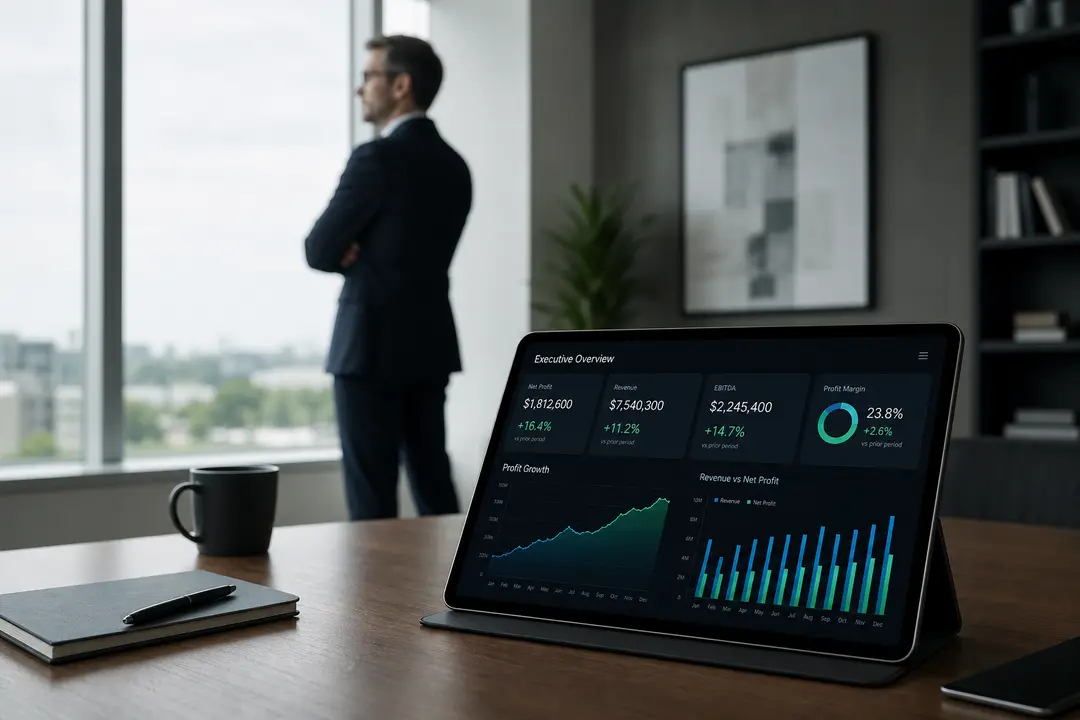 Tablet exibindo dashboard de business intelligence contábil com gráficos de lucro em escritório executivo moderno e minimalista.