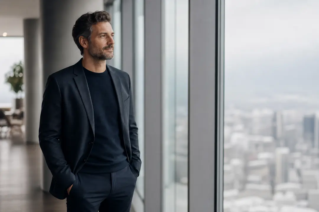Líder visionário observa horizonte em escritório moderno simbolizando a transição para CEO contábil com foco em liberdade e equity.