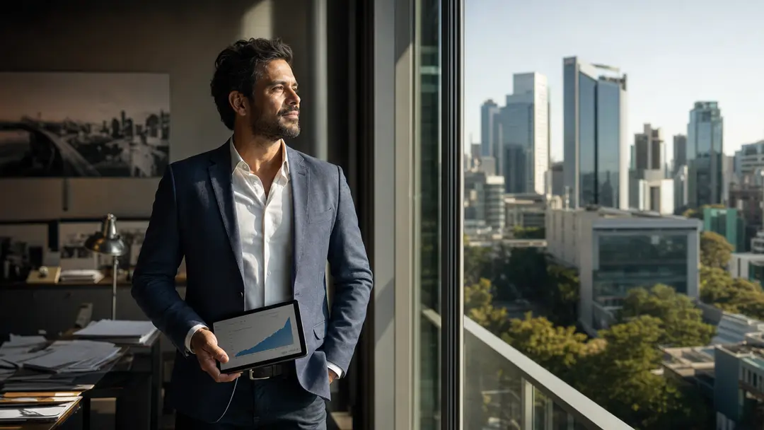 CEO contábil observa horizonte urbano segurando tablet com gráfico de crescimento, simbolizando gestão estratégica e equity.