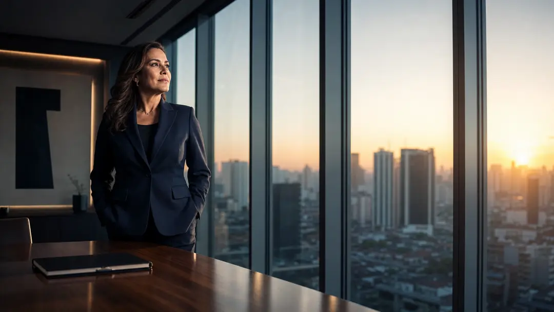 CEO contábil observa horizonte urbano em escritório moderno simbolizando gestão estratégica e geração de equity empresarial.