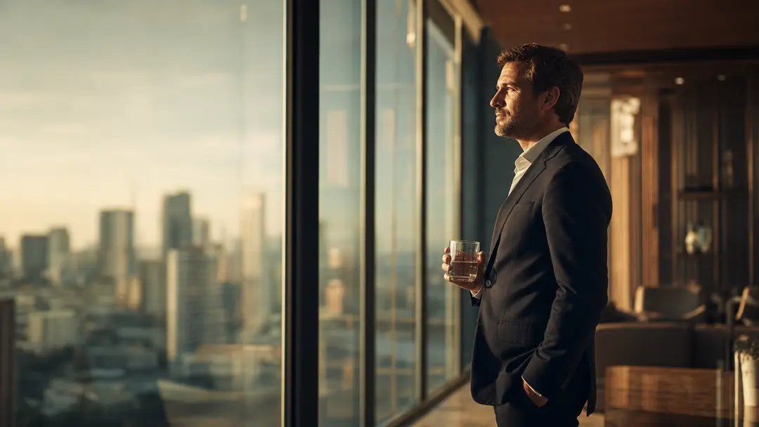 CEO contábil observa horizonte urbano em escritório moderno refletindo sobre estratégia para gerar equity na contabilidade.