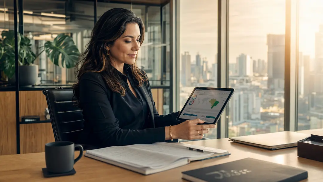 Consultora financeira analisando dados estratégicos em tablet para implementar o modelo de CFO as a Service.