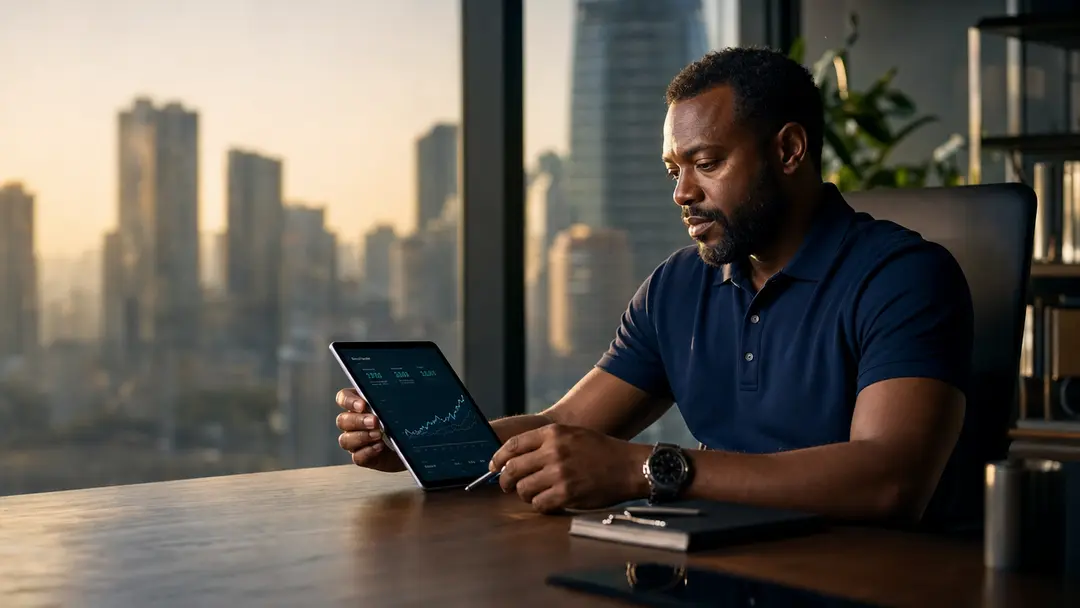 Consultor estratégico analisa dashboard de CFO as a Service em tablet, focando na inteligência financeira para escalar faturamento.