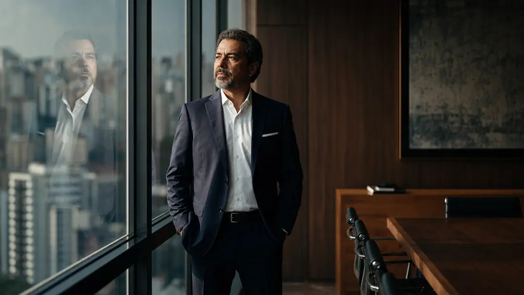Empresário contempla horizonte urbano planejando valuation e equity contábil em escritório moderno luxuoso