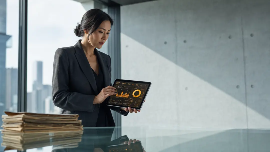 Líder empresarial analisando dados estratégicos em tablet, simbolizando a transição da contabilidade de dados ao sucesso.