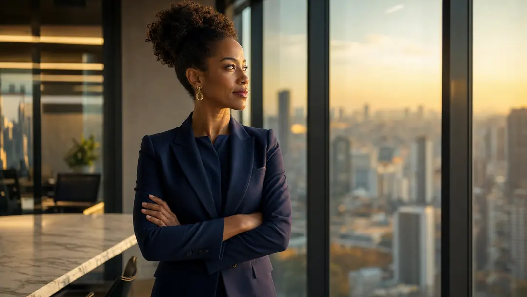 Executiva observa horizonte urbano em escritório moderno simbolizando valorização e contabilidade de equity para fusão empresarial.