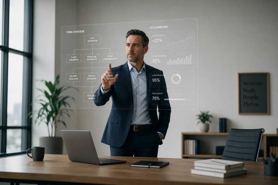 Líder contábil analisa fluxogramas e KPIs em tela digital, simbolizando cultura de alta performance e processos escaláveis.