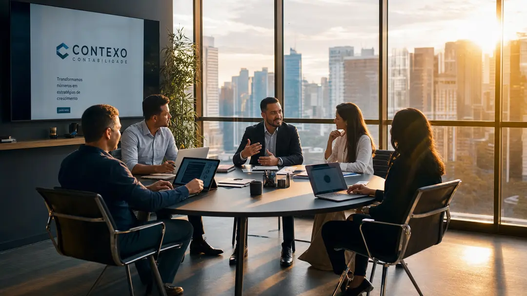 Profissional latino liderando equipe diversa em reunião colaborativa em escritório contábil moderno com foco em cultura de alta performance e processos autogerenciáveis