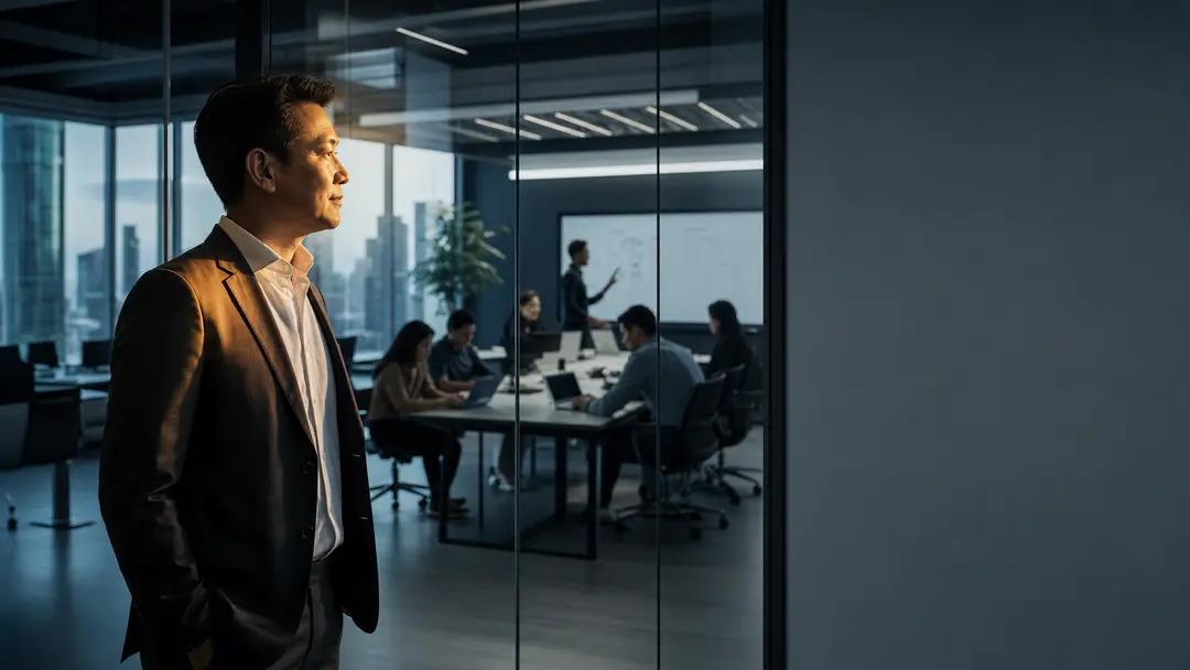 CEO observando equipe trabalhando em escritório moderno para delegar tarefas e escalar empresa contábil