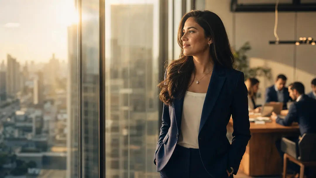 Empresária observa horizonte urbano em escritório moderno com equipe autônoma executando design de processos e workflow contábil.