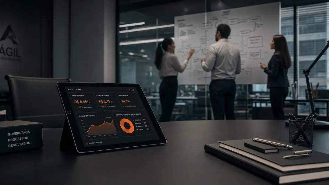 Equipe colaborativa estruturando processos contábeis com indicadores em painel digital e metodologias eficientes