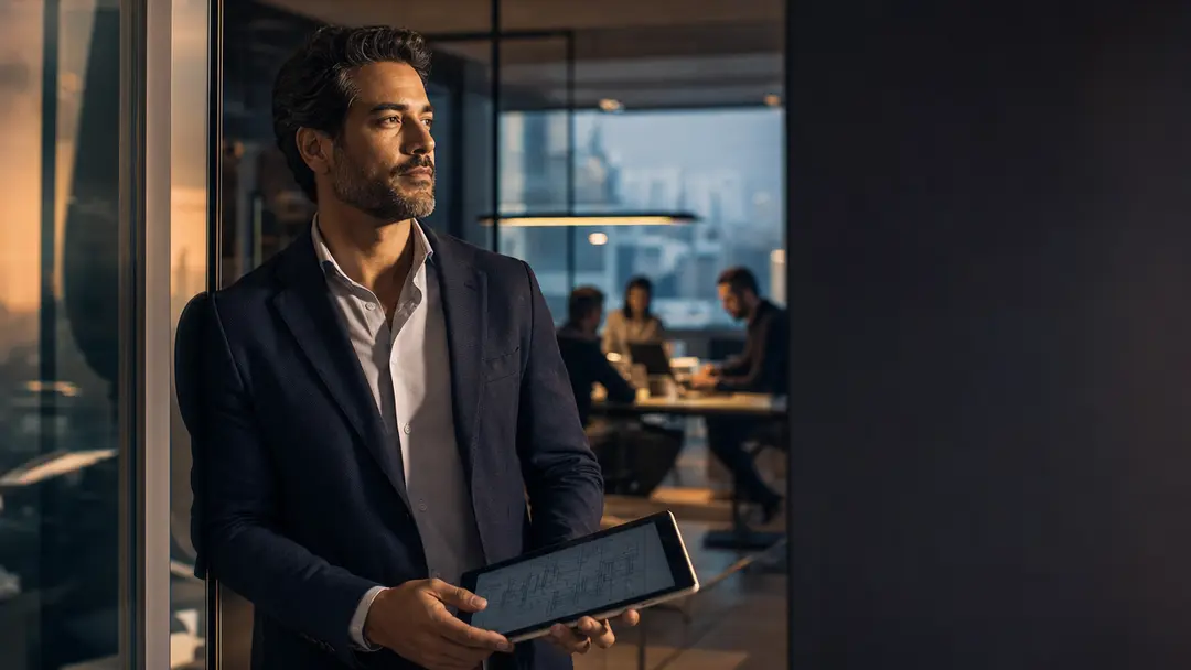 Gestor contábil observa equipe em escritório moderno, planejando escalonamento para gerar equity no negócio