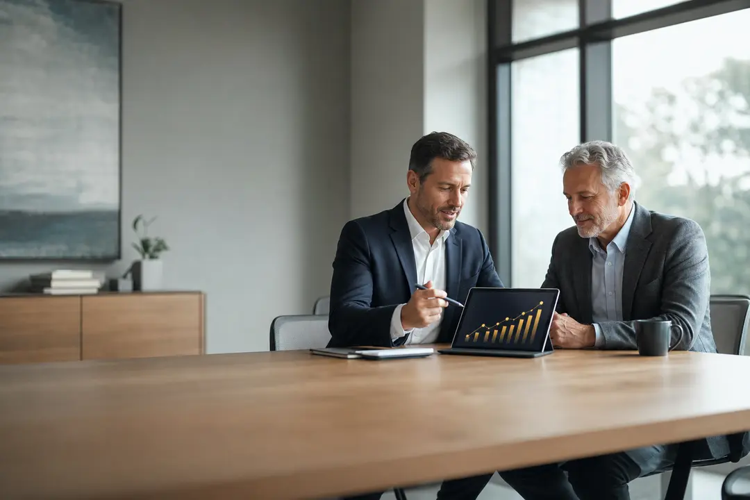 Consultor estratégico demonstra gráficos de crescimento financeiro em tablet para cliente visando expansão de contas na contabilidade.