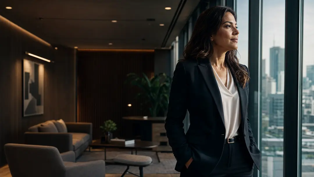 Executiva analisa horizonte urbano simbolizando gestão de equity e valuation elevado em escritório contábil moderno.