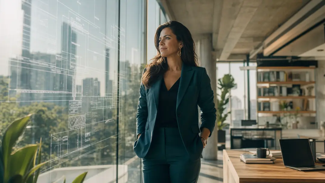 CEO contábil observa blueprint digital em escritório moderno, simbolizando gestão estratégica e inteligência artificial empresarial.