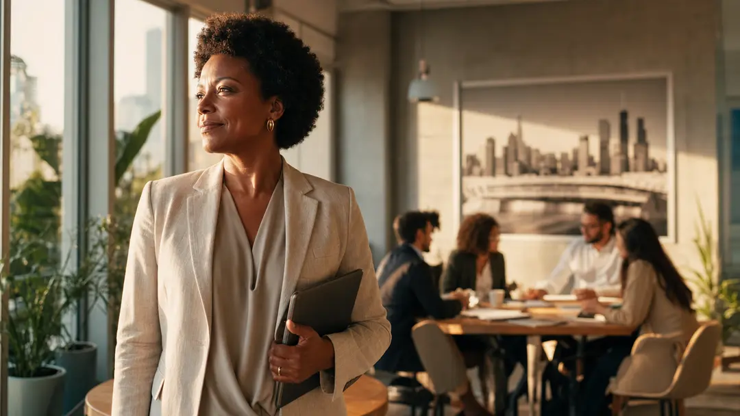 Liderança feminina em escritório contábil moderno simbolizando a gestão por contexto e a autonomia da equipe.