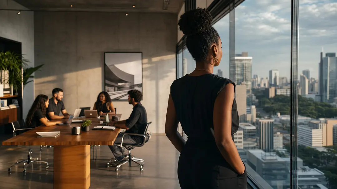 Empresária observa skyline enquanto equipe demonstra autonomia na gestão de processos contábeis em escritório moderno e organizado.