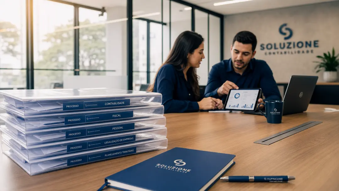 Equipe contábil colaborando em escritório moderno com processos documentados e dashboards de alta performance
