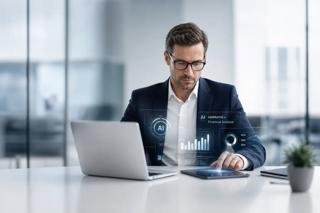 Contador analisa dados estratégicos em ambiente corporativo moderno com interface holográfica de IA generativa na contabilidade.