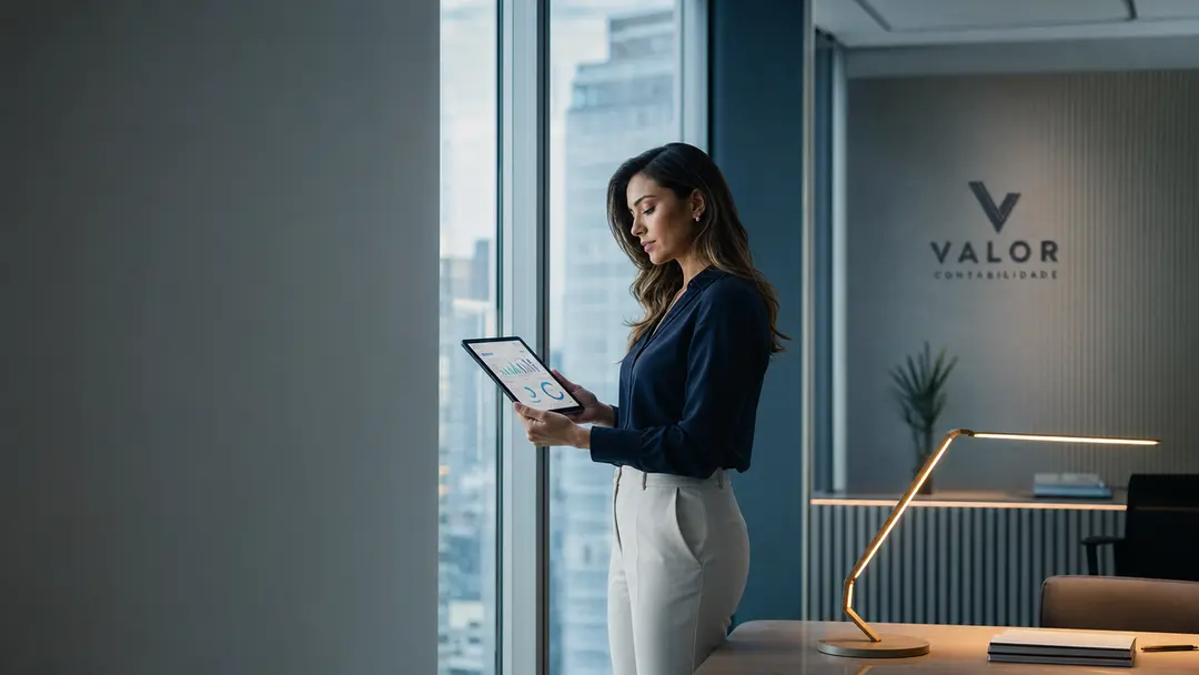 Gestora contábil analisa dashboard digital com foco em produtividade e jornada reduzida no escritório profissional.