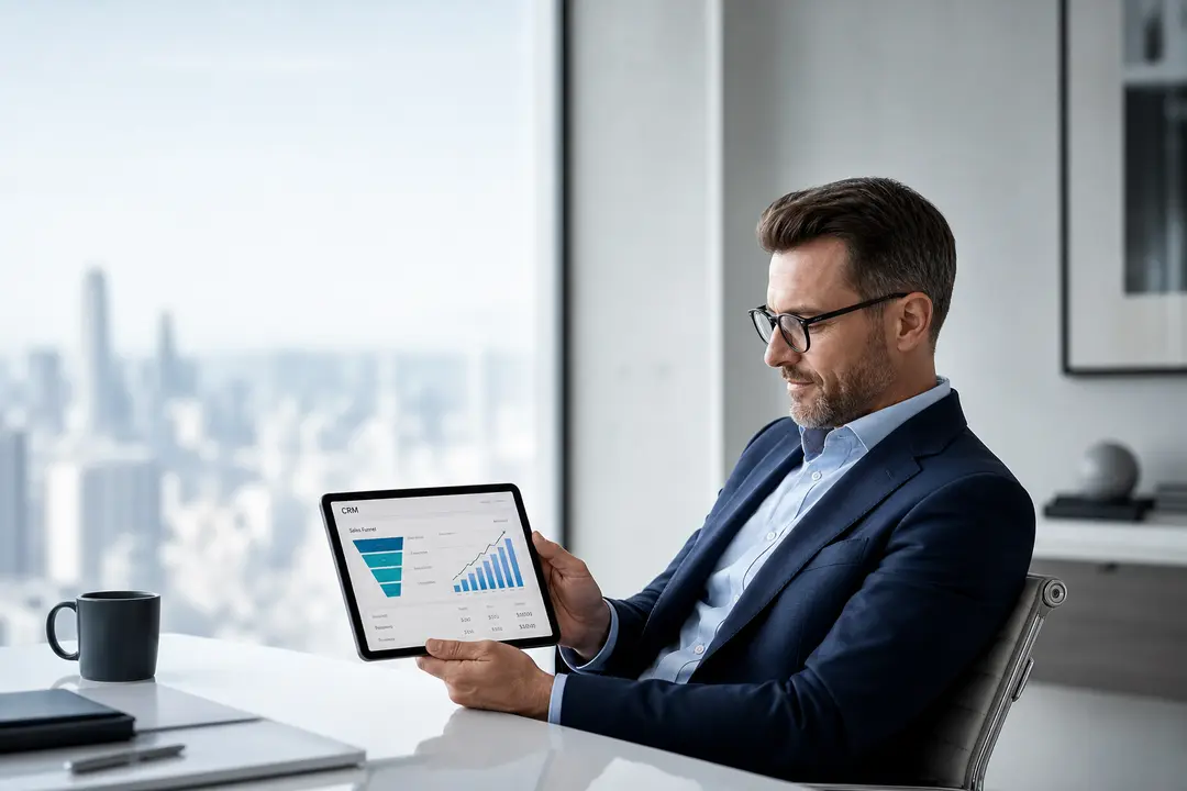 Profissional contábil analisa funil de vendas ativo em tablet com gráficos de crescimento para escala previsível do escritório.
