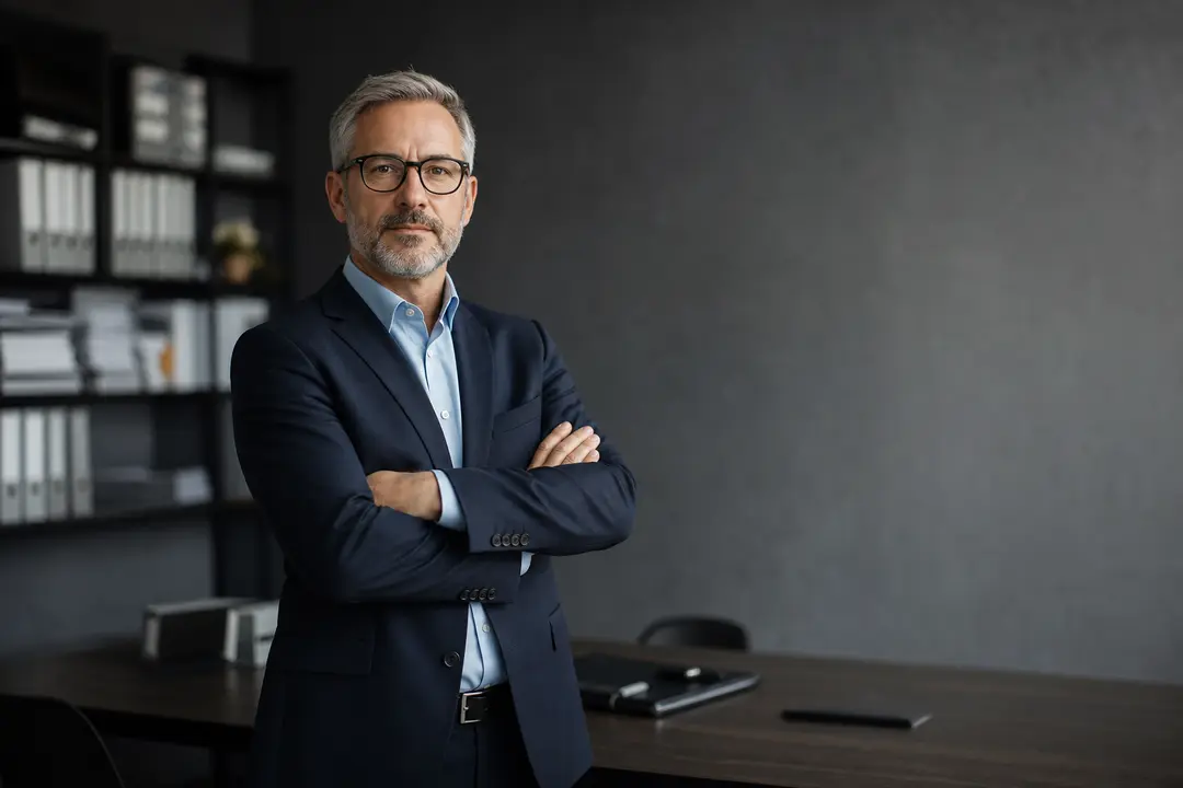 Executivo contábil confiante em escritório moderno representando autoridade de nicho e posicionamento digital estratégico no marketing contábil.