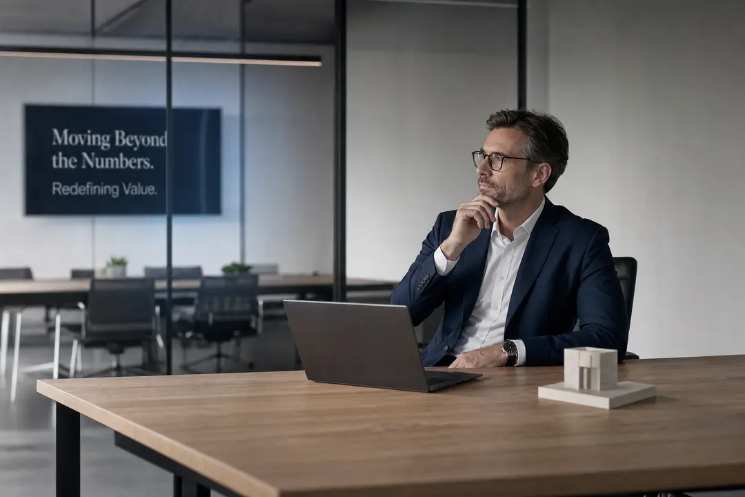 Executivo em escritório minimalista analisando estratégia para precificação por lucratividade e contabilidade de valor digital.