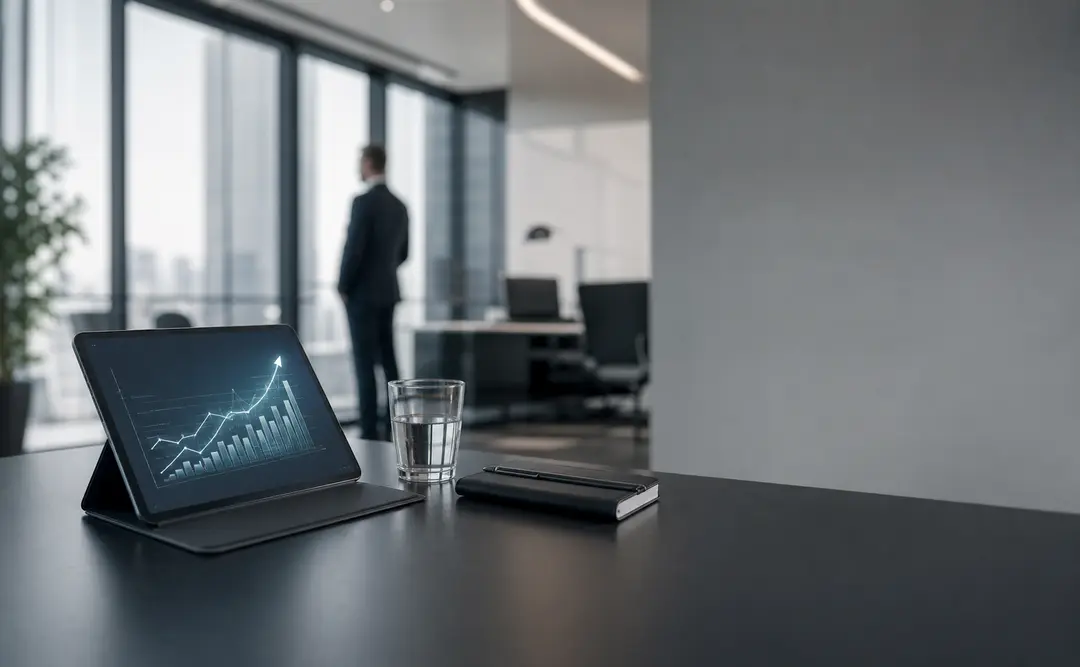 Tablet exibindo gráficos de crescimento financeiro sobre mesa executiva, representando a precificação por valor e lucratividade estratégica.