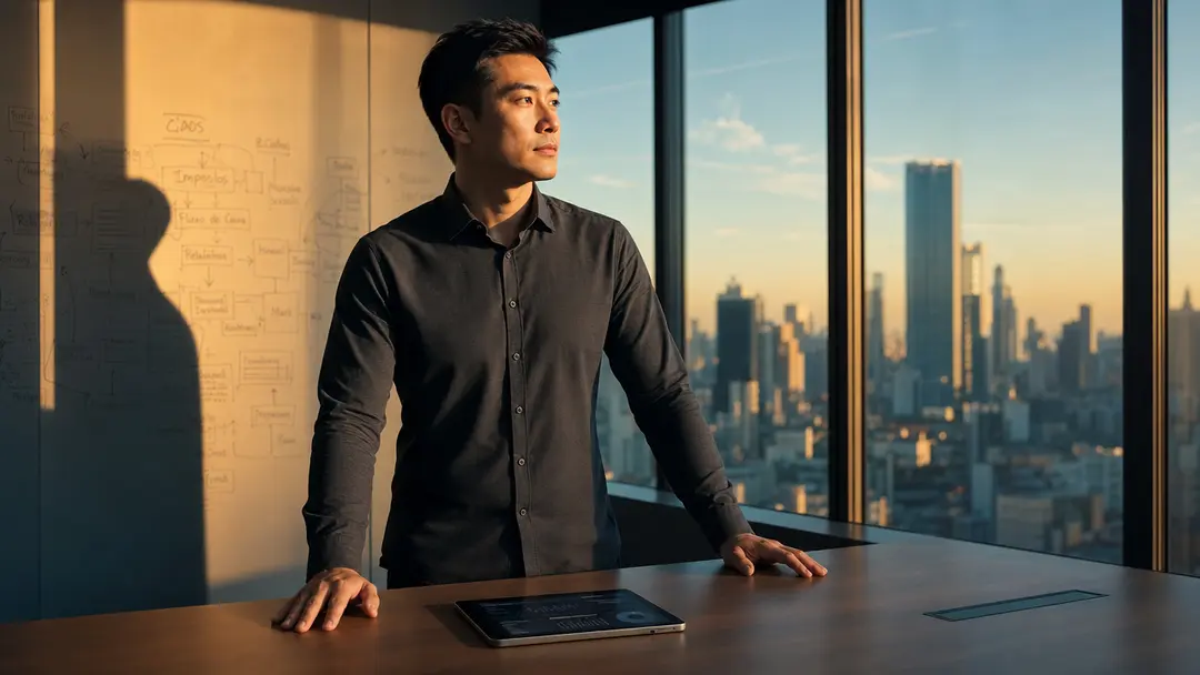 Estrategista contábil observa skyline em escritório moderno com análise de dados para precificação por valor