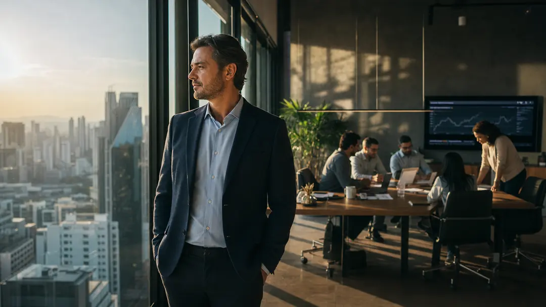 Executivo observa skyline paulistano enquanto equipe colabora de forma independente para otimizar processos contábeis.