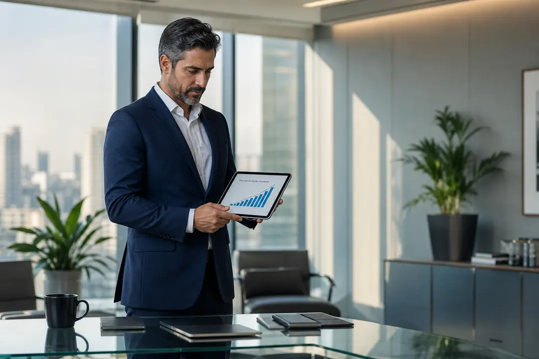 Empresário analisa gráfico de crescimento em tablet simbolizando prospecção ativa na contabilidade e máquina de vendas previsível.