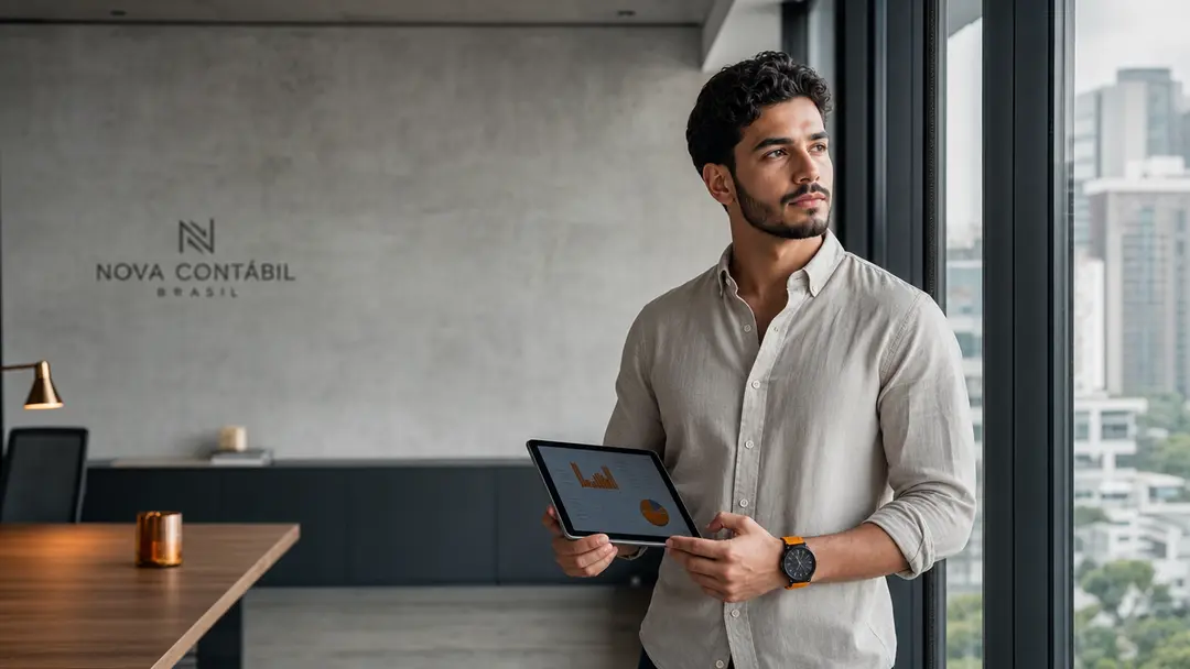 Jovem profissional focado analisando dados em tablet dentro de escritório contábil moderno que prioriza a retenção de talentos da geração Z