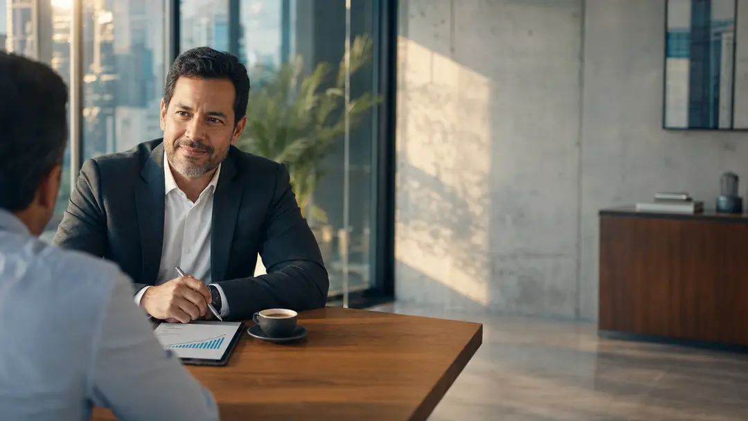 Contador estratégico em reunião presencial garantindo sucesso do cliente na contabilidade e retenção de carteira.